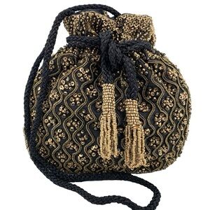 Beaded Potli Bag Black Gold Bridal Drawstring Purse Sequin Evening Bag NEW